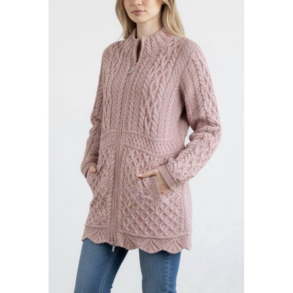 Aran Crafts Merino Wool Cable Knit Zip Cardigan Sweater Pink M Celtic Coquette